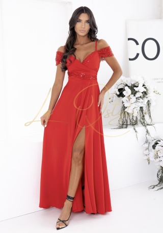 VALENTINA sukienka z cekinowymi wstawkami i hiszpańskim dekoltem CZERWONA