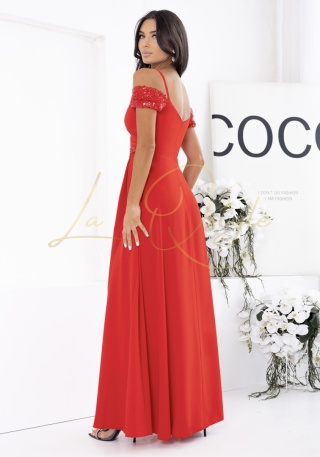 VALENTINA sukienka z cekinowymi wstawkami i hiszpańskim dekoltem CZERWONA