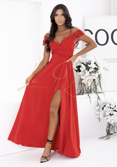 VALENTINA sukienka z cekinowymi wstawkami i hiszpańskim dekoltem CZERWONA