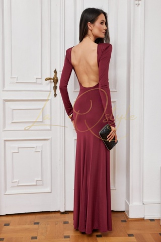 VELORIA drapowana sukienka z długim rękawem i odkrytymi plecami CZEKOLADA