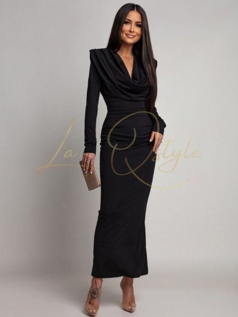 Dopasowana sukienka maxi z długim rękawem i marszczeniami CZARNA