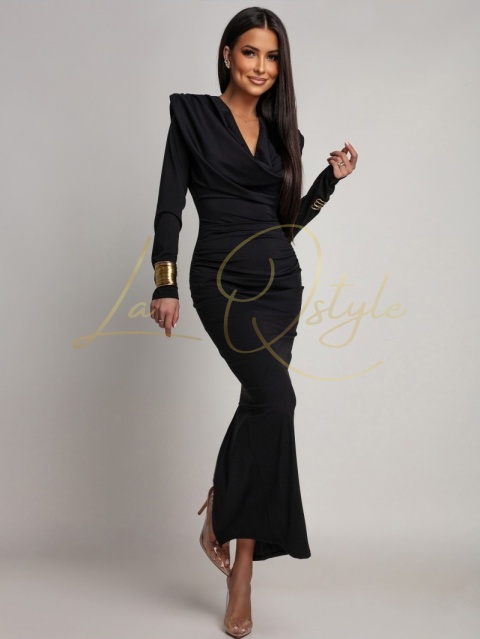 Dopasowana sukienka maxi z długim rękawem i marszczeniami CZARNA