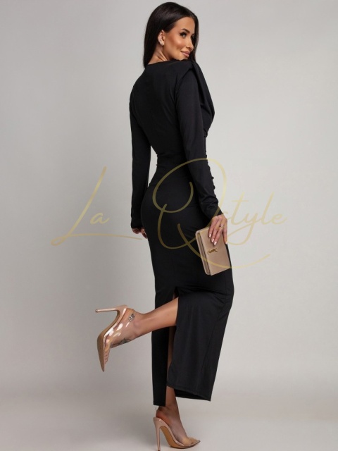 Dopasowana sukienka maxi z długim rękawem i marszczeniami CZARNA