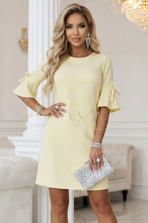 Kobieca trapezowa sukienka z wiązaniem na rękawkach - pastelowy ŻÓŁTY