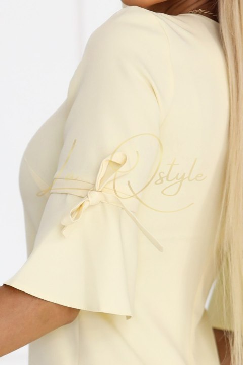 Kobieca trapezowa sukienka z wiązaniem na rękawkach - pastelowy ŻÓŁTY