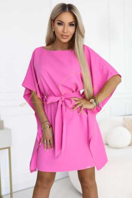 SOFIA Różowa sukienka motyl z wiązaniem w pasie JASNA FUKSJA