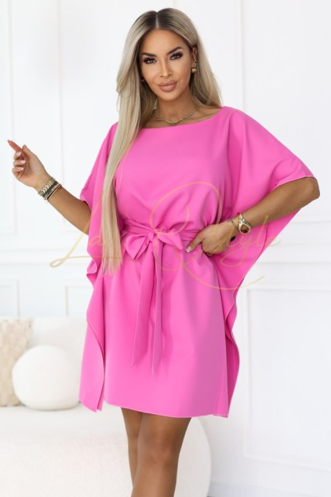 Różowa sukienka motyl z wiązaniem w pasie JASNA FUKSJA