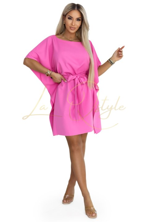 Różowa sukienka motyl z wiązaniem w pasie JASNA FUKSJA