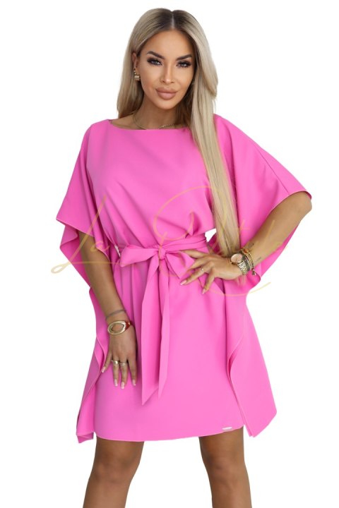 Różowa sukienka motyl z wiązaniem w pasie JASNA FUKSJA