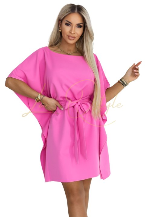 Różowa sukienka motyl z wiązaniem w pasie JASNA FUKSJA