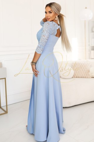309-15 AMBER elegancka długa koronkowa suknia z dekoltem - błękitna