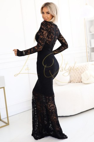 Wieczorowa koronkowa suknia maxi typu rybka z długim rękawem CZARNA