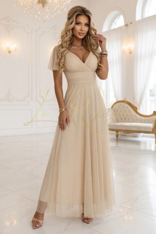 635-9 MELANIA długa błyszcząca suknia na wesele z dekoltem i krótkim rękawkiem - beżowa