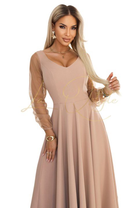 LORETTA wyjątkowa długa sukienka z tiulowymi rękawami i dekoltem BEŻOWA