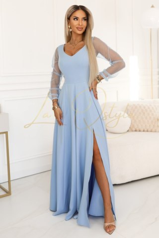 640-5 LORETTA wyjątkowa długa sukienka z tiulowymi rękawami i dekoltem - błękitna