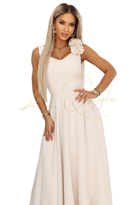 643-3 Elegancka wieczorowa suknia maxi z rozcięciem i różami - beżowa