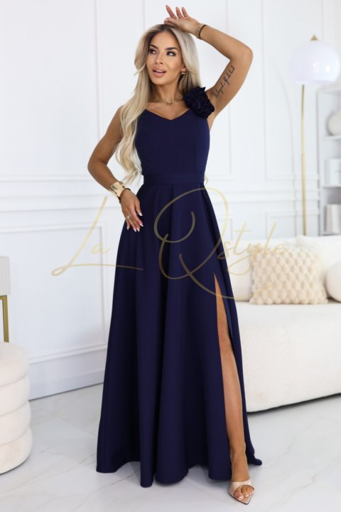Elegancka wieczorowa suknia maxi z rozcięciem i różami GRANATOWA