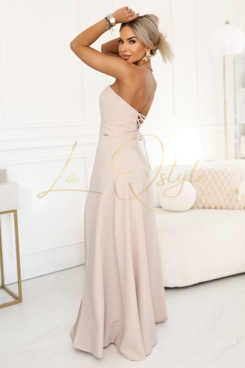 Gorsetowa sukienka maxi z rozcięciem i wiązaniem na plecach BEŻOWA