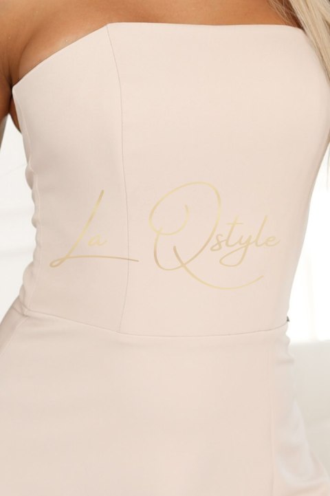 Gorsetowa sukienka maxi z rozcięciem i wiązaniem na plecach BEŻOWA