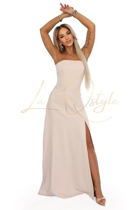 Gorsetowa sukienka maxi z rozcięciem i wiązaniem na plecach BEŻOWA