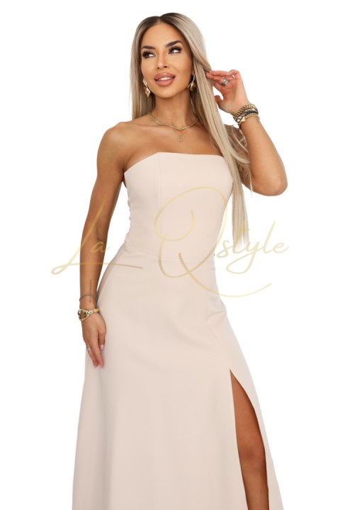 Gorsetowa sukienka maxi z rozcięciem i wiązaniem na plecach BEŻOWA