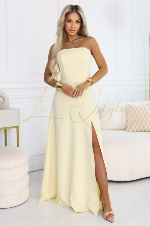 Gorsetowa sukienka maxi z rozcięciem i wiązaniem na plecach MASEŁKOWY ŻÓŁTY