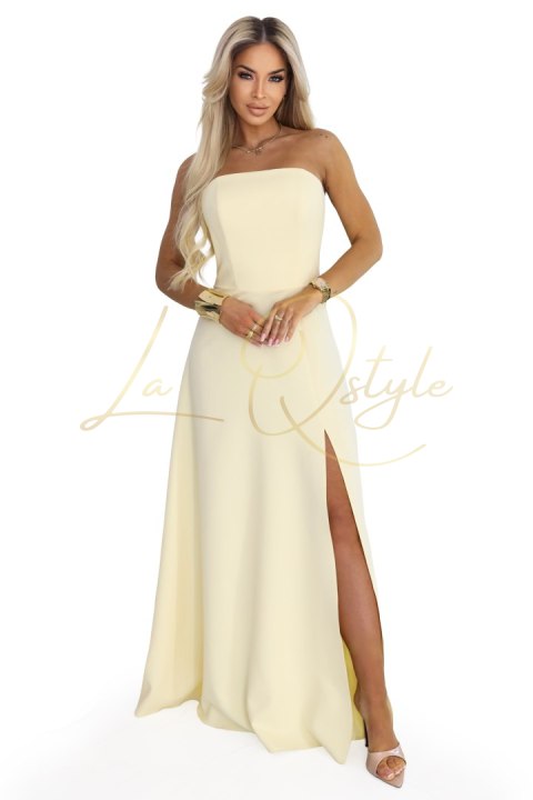 Gorsetowa sukienka maxi z rozcięciem i wiązaniem na plecach MASEŁKOWY ŻÓŁTY