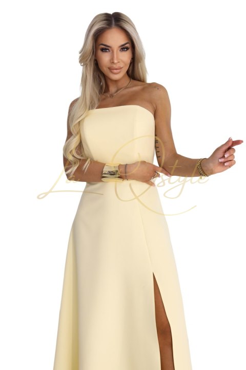 Gorsetowa sukienka maxi z rozcięciem i wiązaniem na plecach MASEŁKOWY ŻÓŁTY