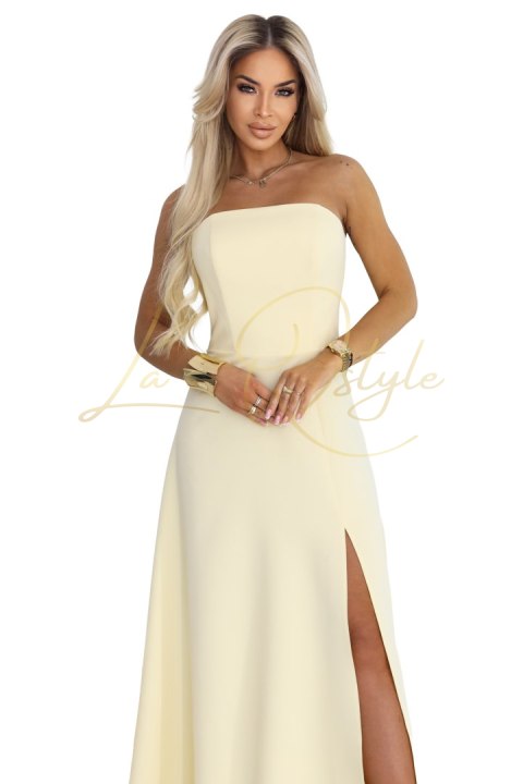 Gorsetowa sukienka maxi z rozcięciem i wiązaniem na plecach MASEŁKOWY ŻÓŁTY