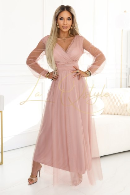 Długa sukienka maxi z tiulowymi rękawami i kopertowym dekoltem PUDROWY RÓŻ