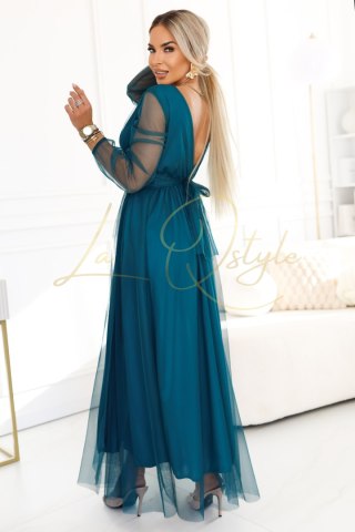 664-2 Długa sukienka maxi z tiulowymi rękawami i kopertowym dekoltem - zieleń butelkowa