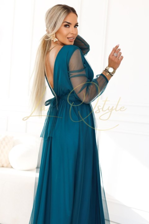 Długa sukienka maxi z tiulowymi rękawami i kopertowym dekoltem BUTELKOWA ZIELEŃ