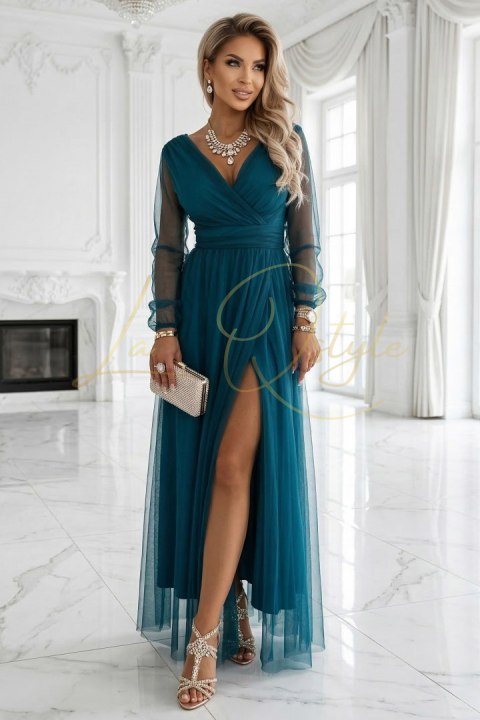 Długa sukienka maxi z tiulowymi rękawami i kopertowym dekoltem BUTELKOWA ZIELEŃ