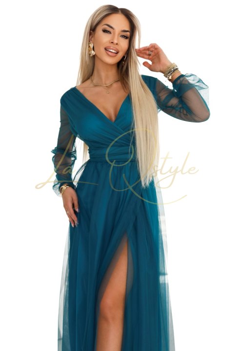 Długa sukienka maxi z tiulowymi rękawami i kopertowym dekoltem BUTELKOWA ZIELEŃ