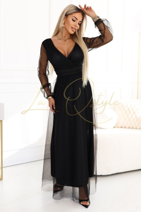 Długa sukienka maxi z tiulowymi rękawami i kopertowym dekoltem CZARNA