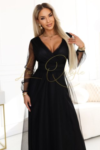 664-3 Długa sukienka maxi z tiulowymi rękawami i kopertowym dekoltem - czarna