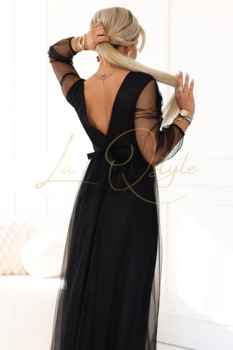 Długa sukienka maxi z tiulowymi rękawami i kopertowym dekoltem CZARNA