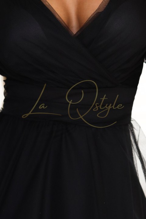 Długa sukienka maxi z tiulowymi rękawami i kopertowym dekoltem CZARNA