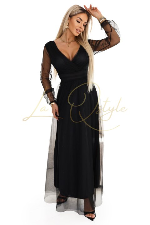 Długa sukienka maxi z tiulowymi rękawami i kopertowym dekoltem CZARNA