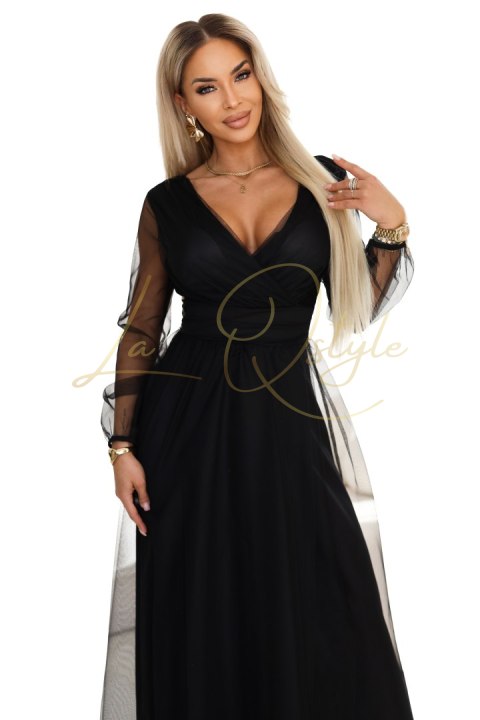 Długa sukienka maxi z tiulowymi rękawami i kopertowym dekoltem CZARNA