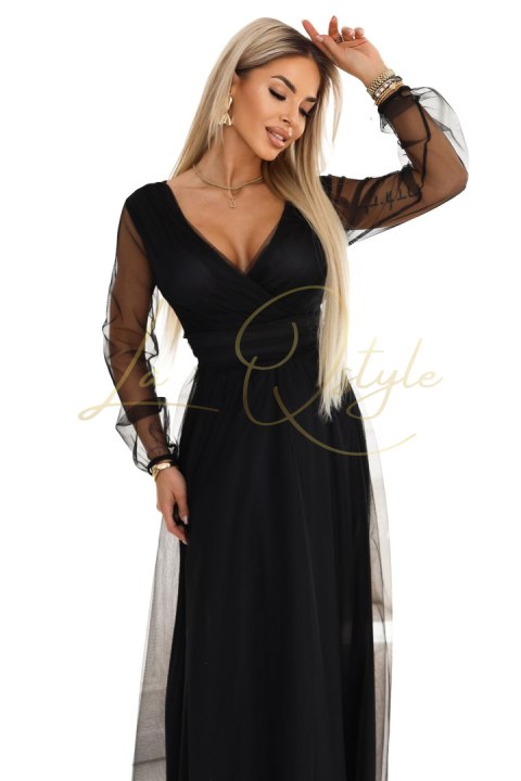Długa sukienka maxi z tiulowymi rękawami i kopertowym dekoltem CZARNA