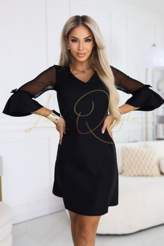 Trapezowa sukienka brokatowa z tiulowymi rękawami i dekoltem V CZARNA