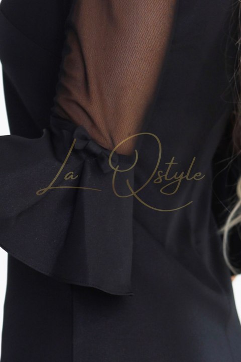 Trapezowa sukienka brokatowa z tiulowymi rękawami i dekoltem V CZARNA