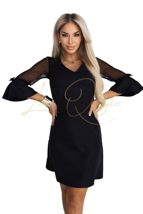 Trapezowa sukienka brokatowa z tiulowymi rękawami i dekoltem V CZARNA