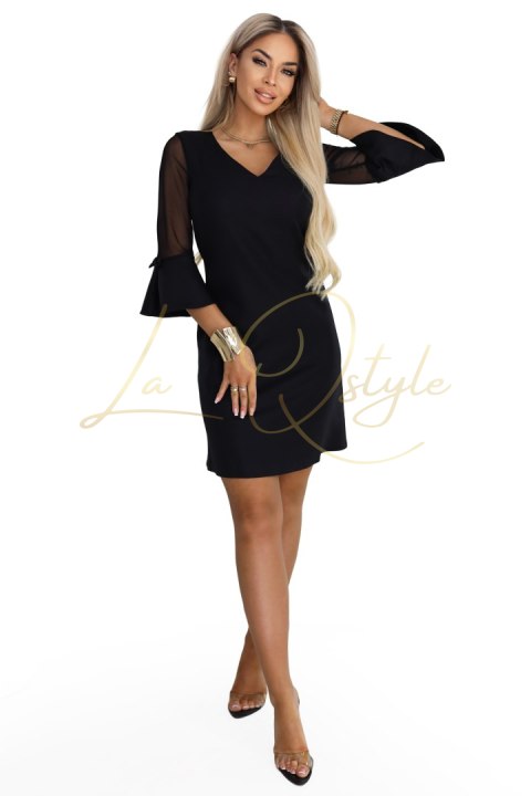 Trapezowa sukienka brokatowa z tiulowymi rękawami i dekoltem V CZARNA