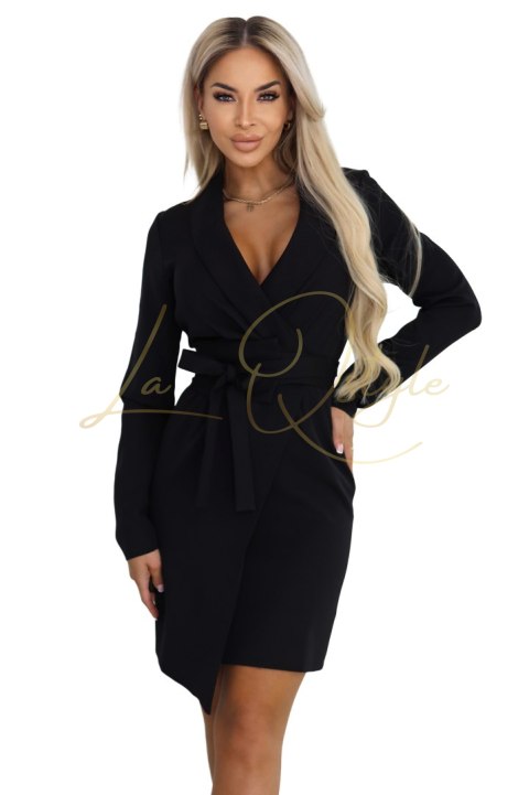 670-1 Elegancka sukienka marynarkowa z paskiem i asymetrycznym dołem - czarna