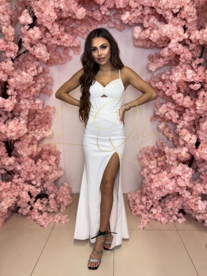 ADARIS długa dopasowana sukienka z ozdobnym gorsetem ECRU