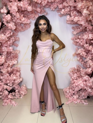 VERRON elegancka długa sukienka z ozdobnym gorsetem PUDROWY RÓŻ