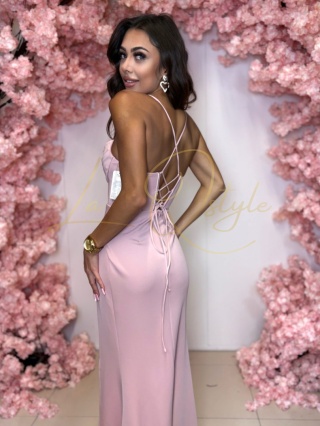 VERRON elegancka długa sukienka z ozdobnym gorsetem PUDROWY RÓŻ