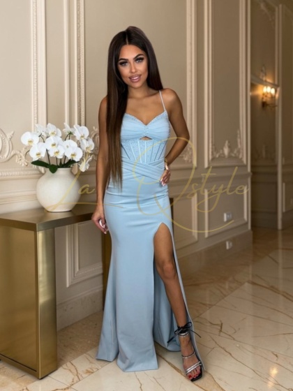 ADARIS długa dopasowana sukienka z ozdobnym gorsetem BŁĘKITNA